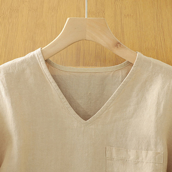Buddha Stones Casual Plain Women's Cotton Linen V-Neck T-shirt With Pocket - image 1