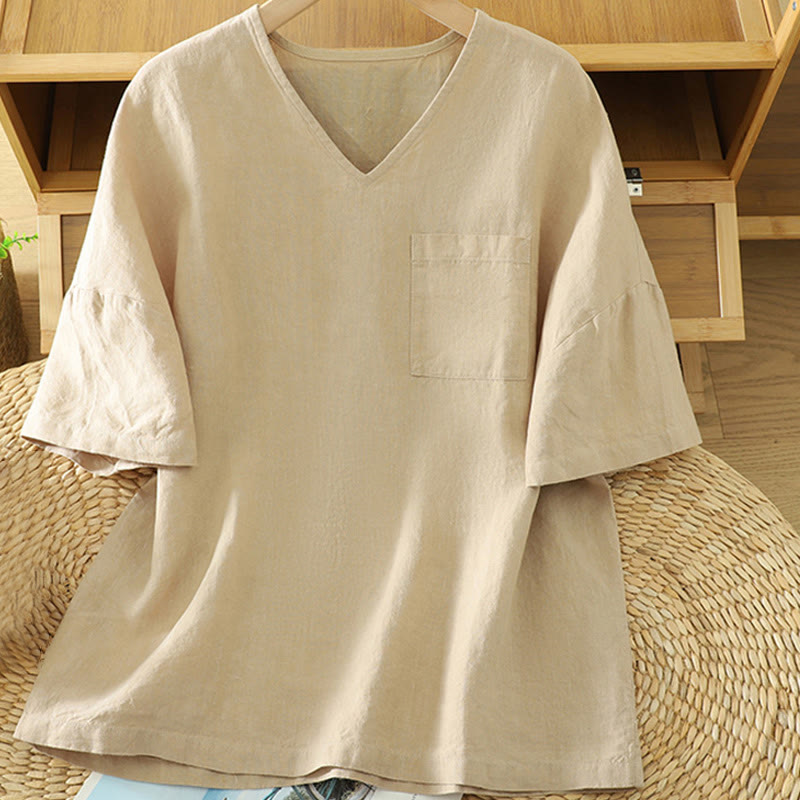 Buddha Stones Casual Plain Women's Cotton Linen V-Neck T-shirt With Pocket - Wheat - US14，UK/AU18，EU46 (2XL) - image 0