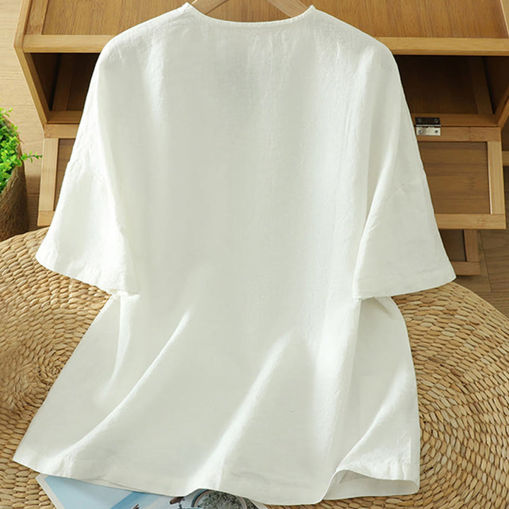 Buddha Stones Casual Plain Women's Cotton Linen V-Neck T-shirt With Pocket - image 6