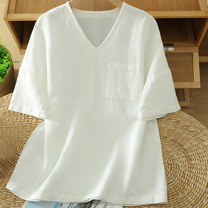 Buddha Stones Casual Plain Women's Cotton Linen V-Neck T-shirt With Pocket - White - US14，UK/AU18，EU46 (2XL) - image 5