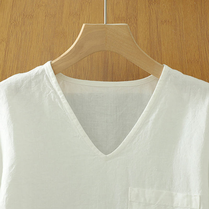 Buddha Stones Casual Plain Women's Cotton Linen V-Neck T-shirt With Pocket - image 7