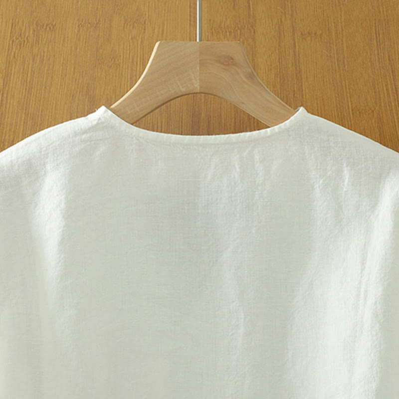 Buddha Stones Casual Plain Women's Cotton Linen V-Neck T-shirt With Pocket - image 8