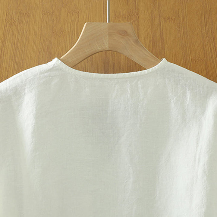 Buddha Stones Casual Plain Women's Cotton Linen V-Neck T-shirt With Pocket - image 8