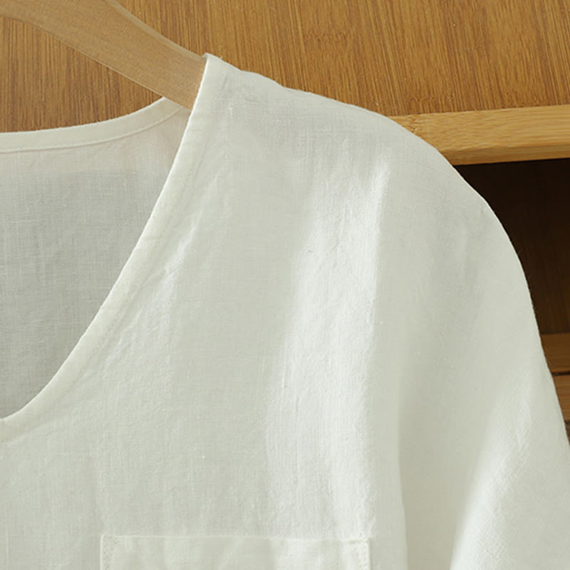 Buddha Stones Casual Plain Women's Cotton Linen V-Neck T-shirt With Pocket - image 13