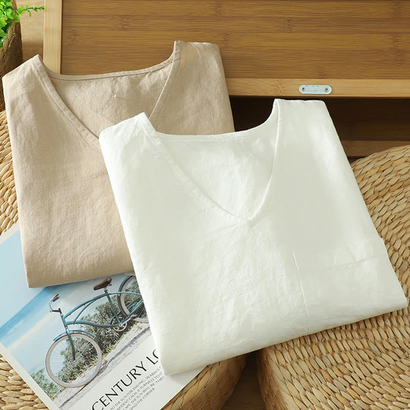 Buddha Stones Casual Plain Women's Cotton Linen V-Neck T-shirt With Pocket - image 16
