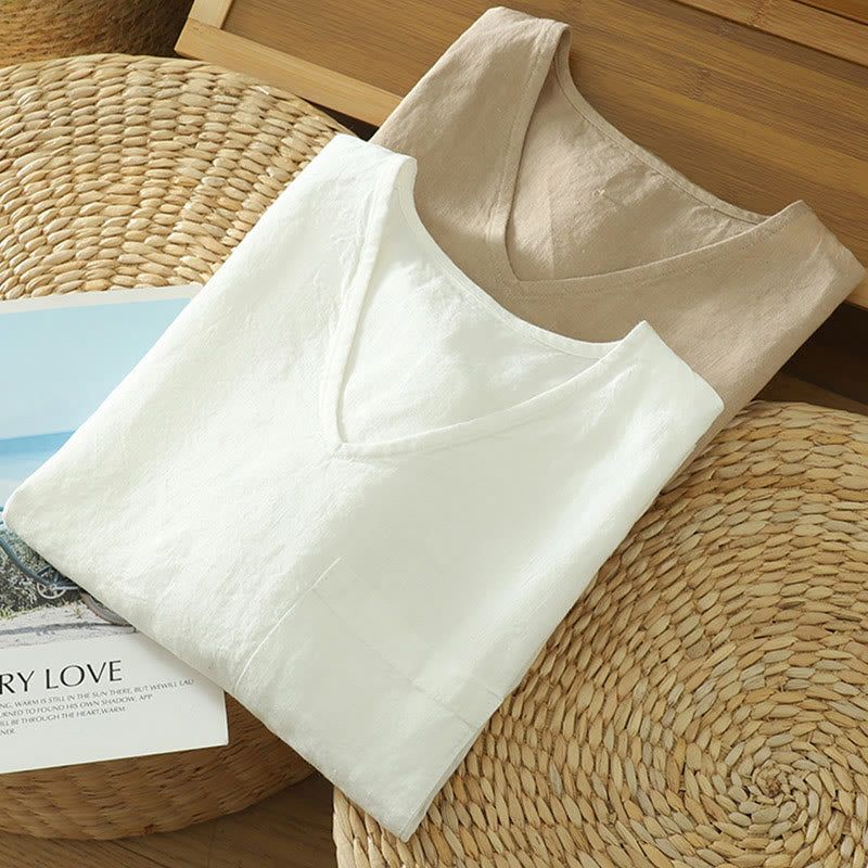 Buddha Stones Casual Plain Women's Cotton Linen V-Neck T-shirt With Pocket - image 15