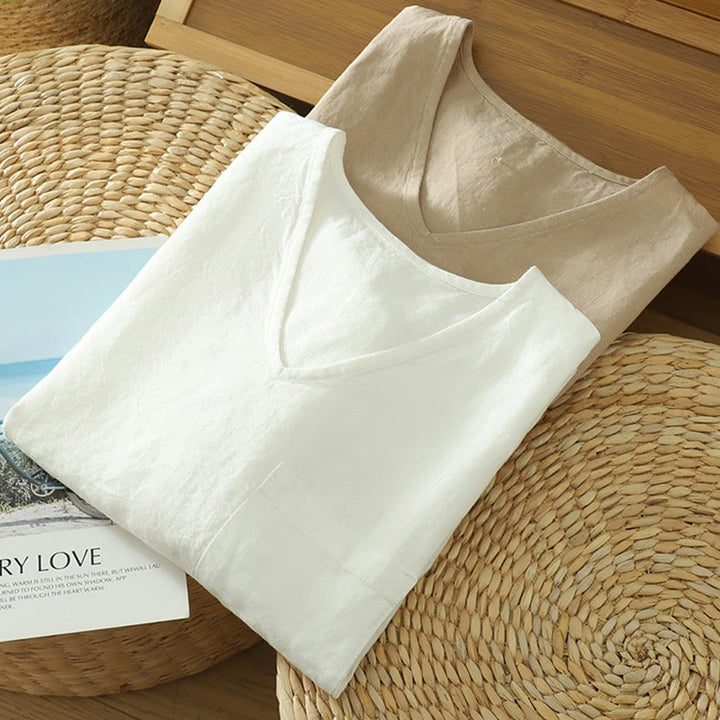 Buddha Stones Casual Plain Women's Cotton Linen V-Neck T-shirt With Pocket - image 15
