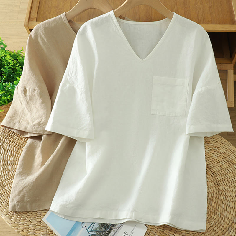 Buddha Stones Casual Plain Women's Cotton Linen V-Neck T-shirt With Pocket - image 14