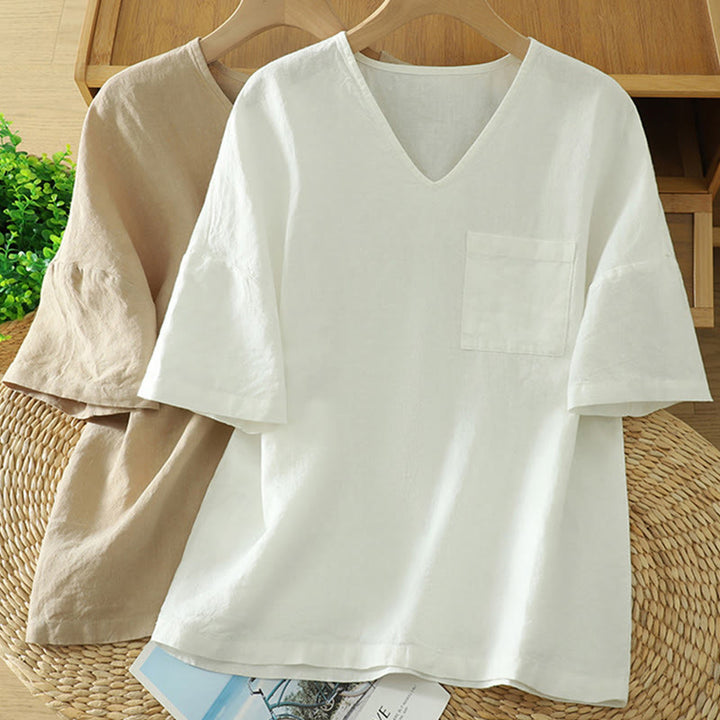 Buddha Stones Casual Plain Women's Cotton Linen V-Neck T-shirt With Pocket - image 14