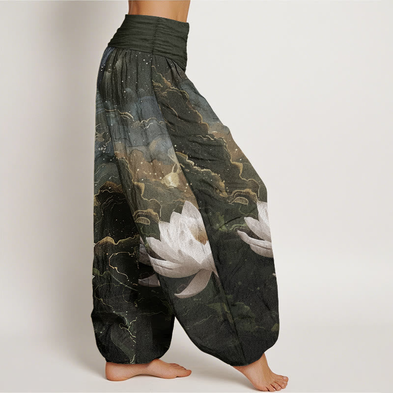 Buddha Stones Pure Cotton Casual Lotus Starry Sky Clouds Pattern Women's Elastic Waist Harem Pants - image 8