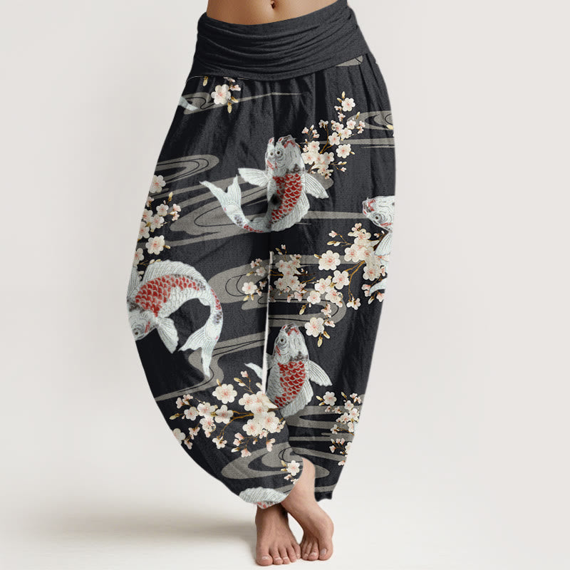 Buddha Stones Cotton Casual Cherry Blossoms Koi Fish Pattern Women's Elastic Waist Harem Pants - Black - US22，UK/AU26，EU54 (6XL) - image 0
