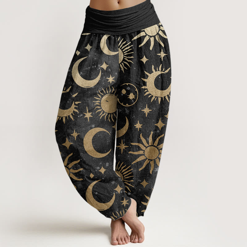 Buddha Stones Pure Cotton Crescent Moon Sun Stars Pattern Design Women's Elastic Waist Harem Pants - Black - US22，UK/AU26，EU54 (6XL) - image 0
