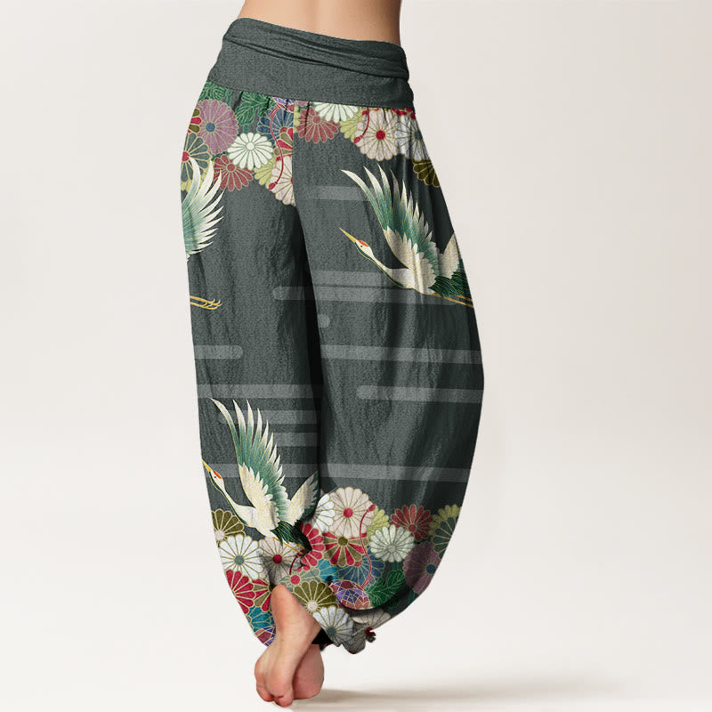 Buddha Stones Casual Crane Chrysanthemum Pattern Women's Elastic Waist Harem Pants - image 6