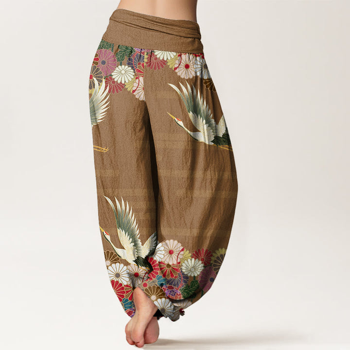 Buddha Stones Casual Crane Chrysanthemum Pattern Women's Elastic Waist Harem Pants - image 9