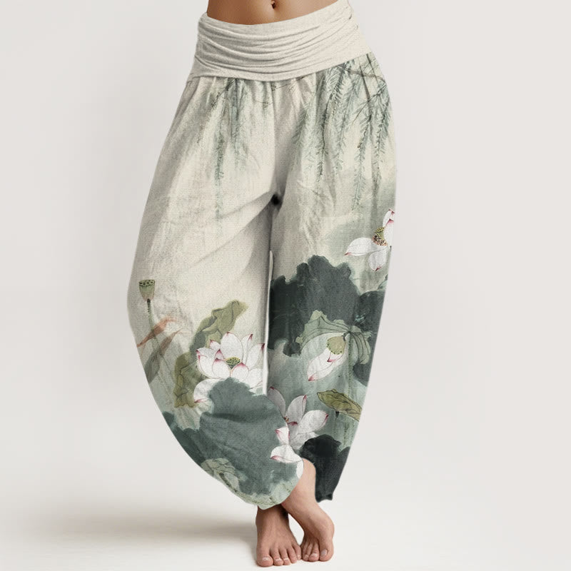 Buddha Stones Cotton Casual Ink Lotus Flower Pattern Women's Elastic Waist Harem Pants - DarkSeaGreen - US22，UK/AU26，EU54 (6XL) - image 0