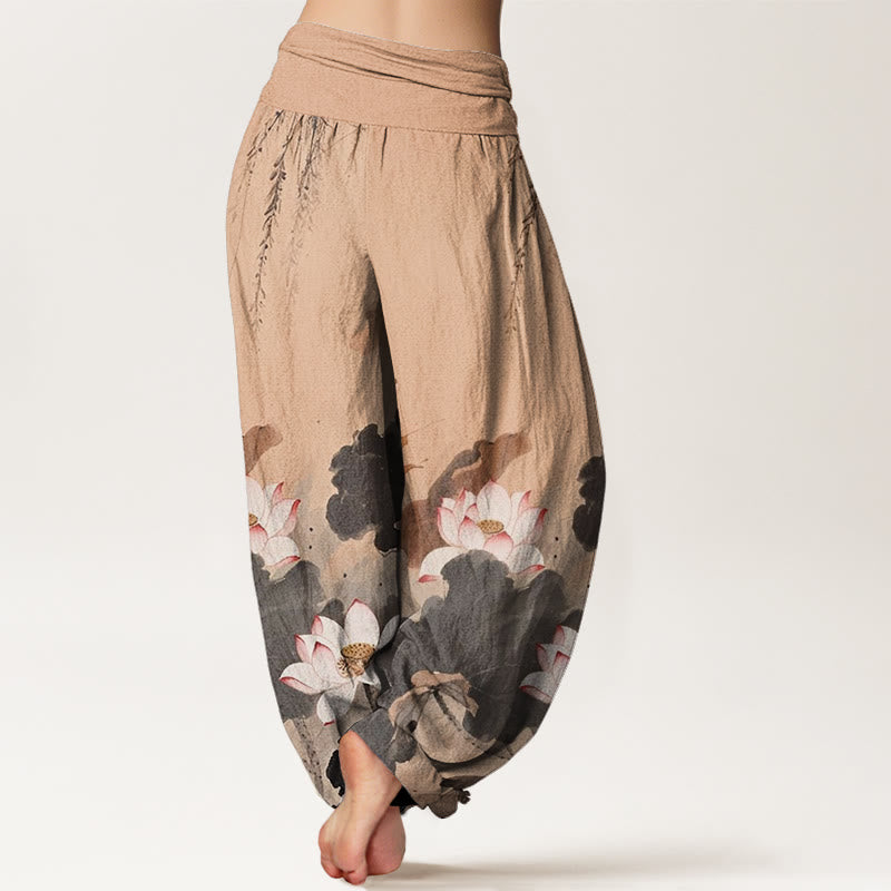 Buddha Stones Casual Ink Lotus Flower Pattern Women's Elastic Waist Harem Pants - image 6