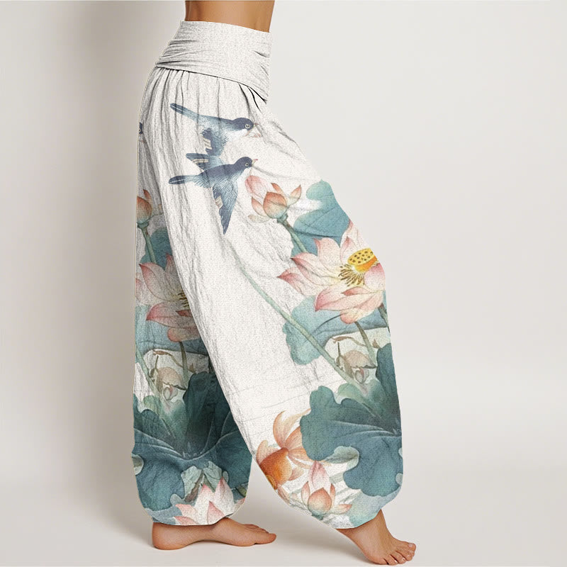 Buddha Stones Casual Summer Lotus Pond Pattern Women's Elastic Waist Harem Pants - image 1