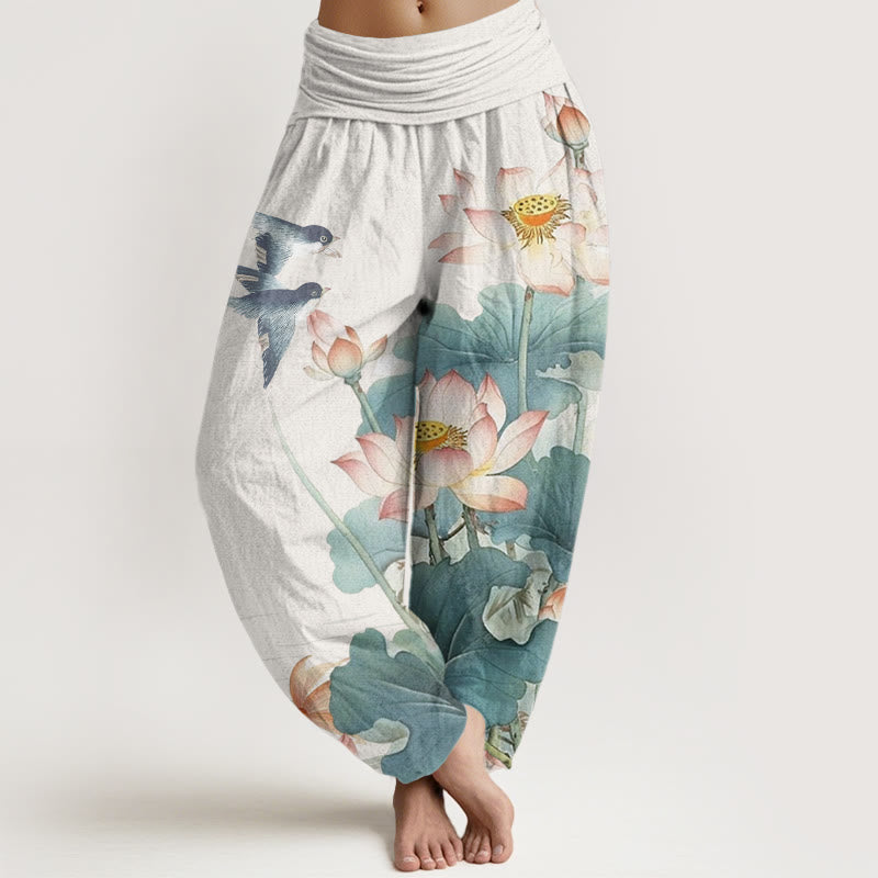 Buddha Stones Casual Summer Lotus Pond Pattern Women's Elastic Waist Harem Pants - Snow - US22，UK/AU26，EU54 (6XL) - image 0
