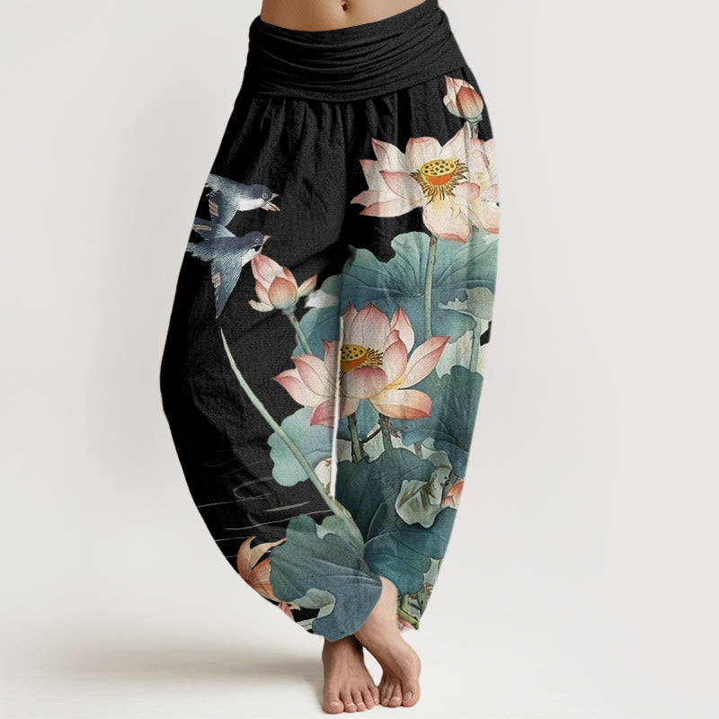 Buddha Stones Casual Summer Lotus Pond Pattern Women's Elastic Waist Harem Pants - Black - US22，UK/AU26，EU54 (6XL) - image 4