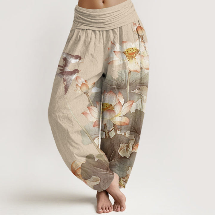 Buddha Stones Casual Summer Lotus Pond Pattern Women's Elastic Waist Harem Pants - Tan - US22，UK/AU26，EU54 (6XL) - image 7