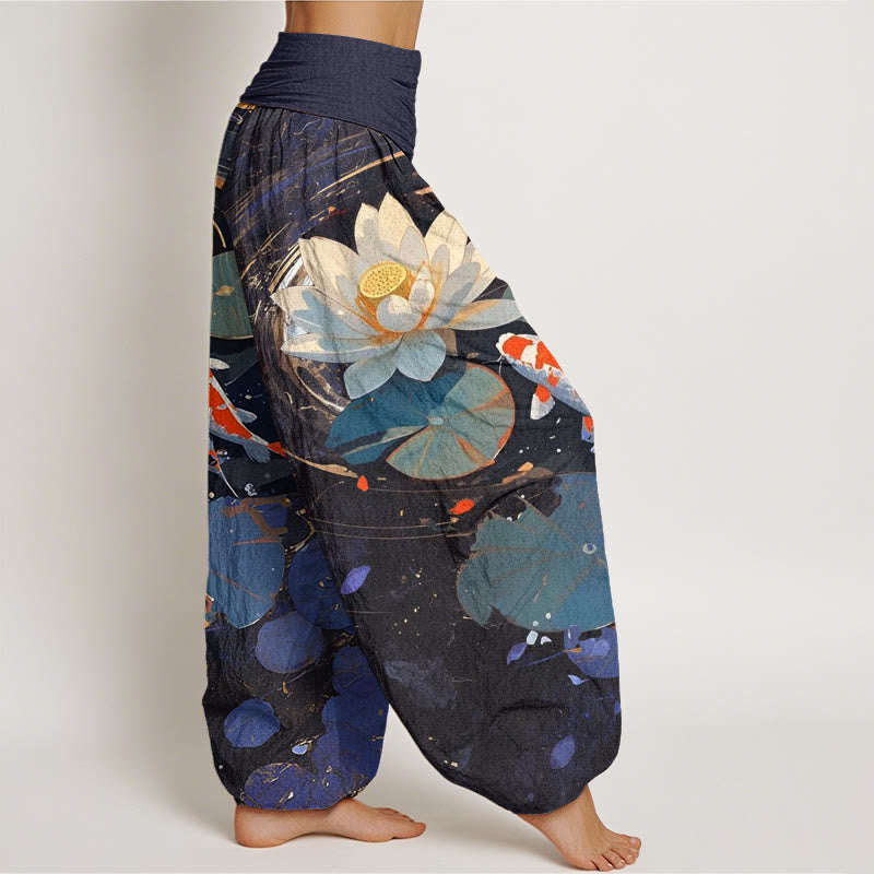 Buddha Stones Cotton Casual Summer Lotus Pond Koi Fish Pattern Women's Elastic Waist Harem Pants - image 1
