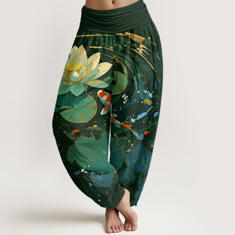 Buddha Stones Casual Summer Lotus Pond Koi Fish Pattern Women's Elastic Waist Harem Pants - DarkGreen - US22，UK/AU26，EU54 (6XL) - image 4