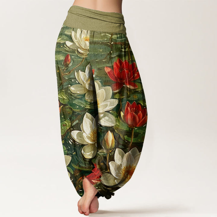 Buddha Stones Casual Blooming Red Lotus Flower Pattern Women's Elastic Waist Harem Pants - image 9