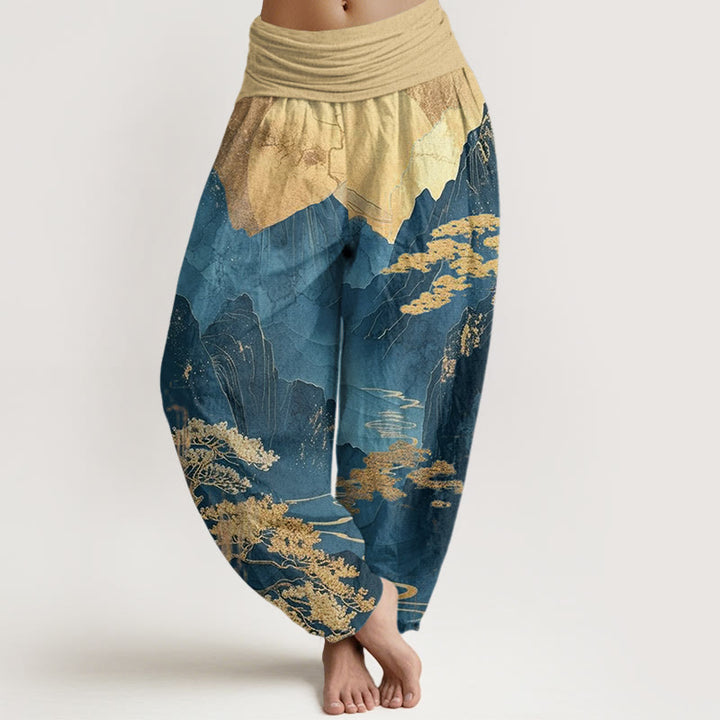 Buddha Stones Cotton Casual Mountains Trees Branches Pattern Women's Elastic Waist Harem Pants - SteelBlue - US22，UK/AU26，EU54 (6XL) - image 0