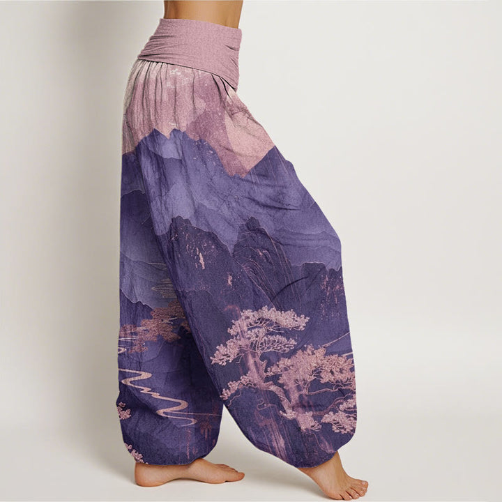Buddha Stones Casual Mountains Trees Branches Pattern Women's Elastic Waist Harem Pants - image 8
