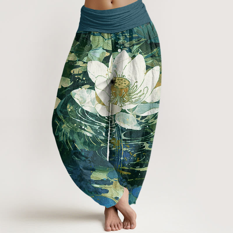 Buddha Stones Cotton Casual Charming Lotus Flower Pattern Women's Elastic Waist Harem Pants - SeaGreen - US22，UK/AU26，EU54 (6XL) - image 0