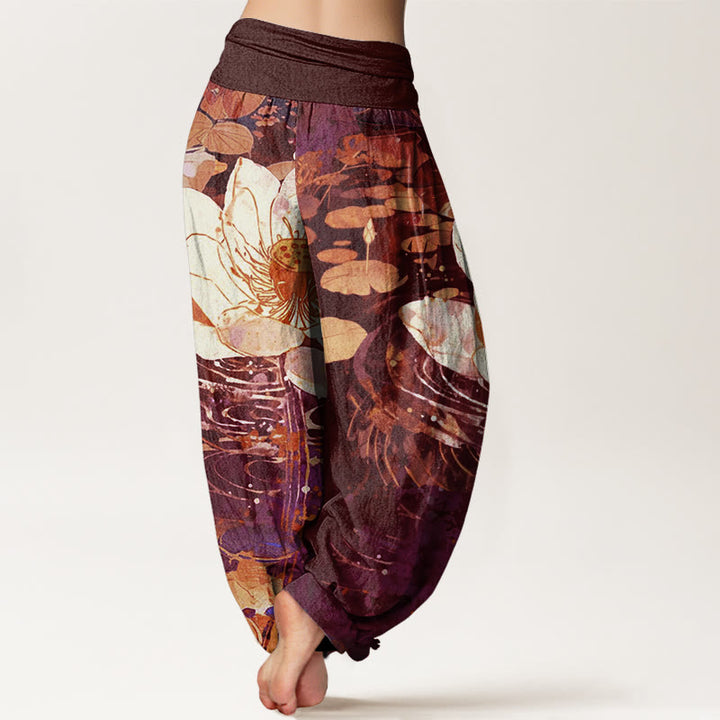 Buddha Stones Casual Charming Lotus Flower Pattern Women's Elastic Waist Harem Pants - image 6