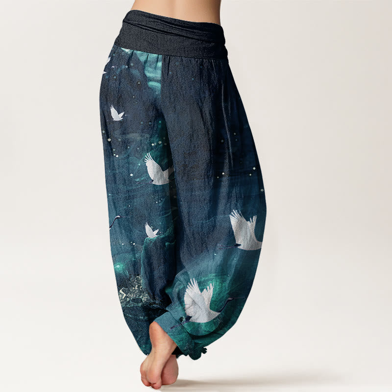 Buddha Stones Casual Flying Crane Pattern Women's Elastic Waist Harem Pants - image 9