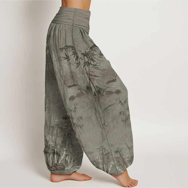 Buddha Stones Pure Cotton Casual Bamboo Rock Ink Painting Women's Elastic Waist Harem Pants - image 8