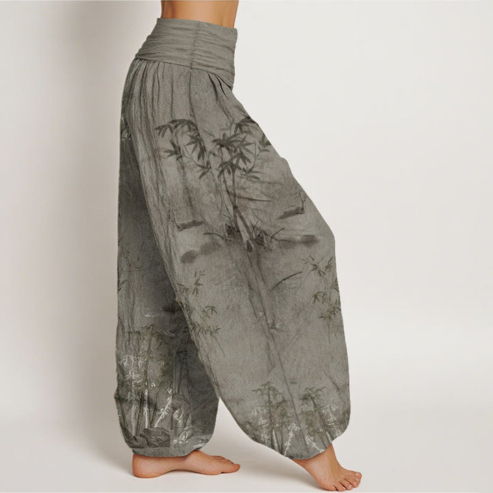 Buddha Stones Pure Cotton Casual Bamboo Rock Ink Painting Women's Elastic Waist Harem Pants - image 8