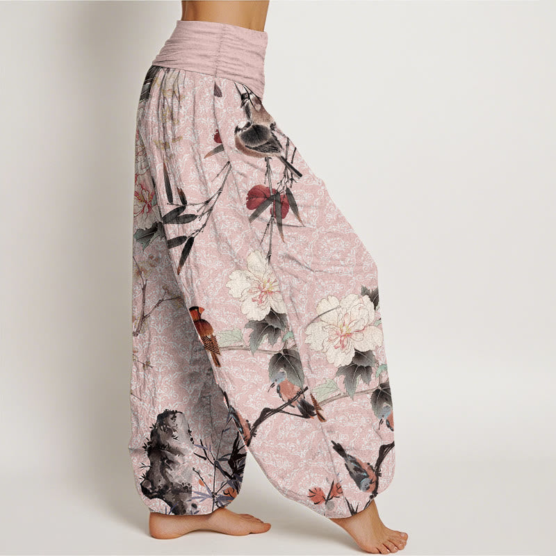 Buddha Stones Pure Cotton Warbler Bird Blooming Flower Branches Mandala Pattern Women's Elastic Waist Harem Pants - image 10