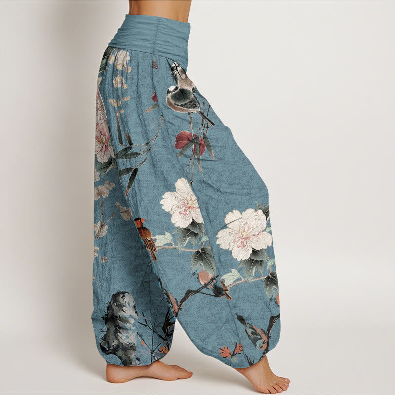 Buddha Stones Pure Cotton Warbler Bird Blooming Flower Branches Mandala Pattern Women's Elastic Waist Harem Pants - image 7