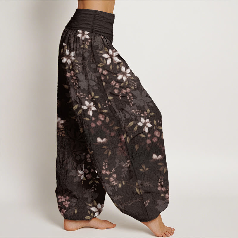 Buddha Stones Pure Cotton Small White Blossoms Green Leaves Women's Elastic Waist Harem Pants - image 10