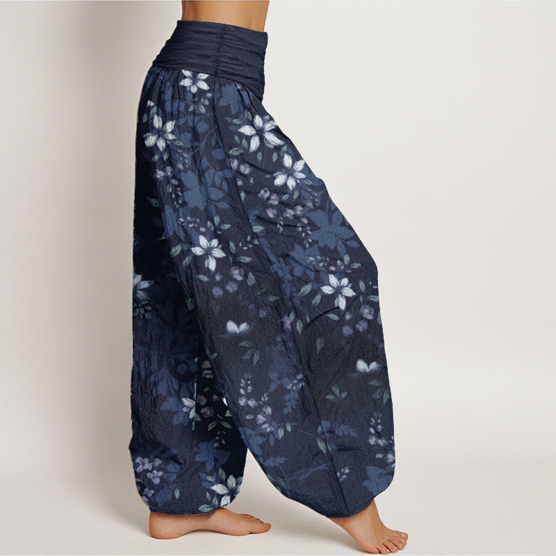 Buddha Stones Pure Cotton Small White Blossoms Green Leaves Women's Elastic Waist Harem Pants - image 7