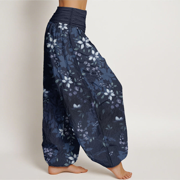 Buddha Stones Pure Cotton Small White Blossoms Green Leaves Women's Elastic Waist Harem Pants - image 7