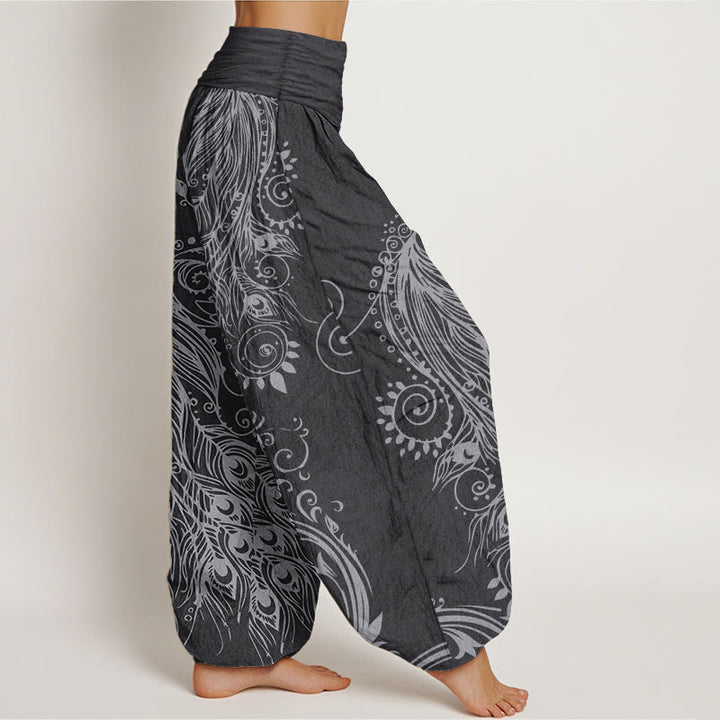 Buddha Stones Pure Cotton Casual Peacock Design Women's Elastic Waist Harem Pants - image 2