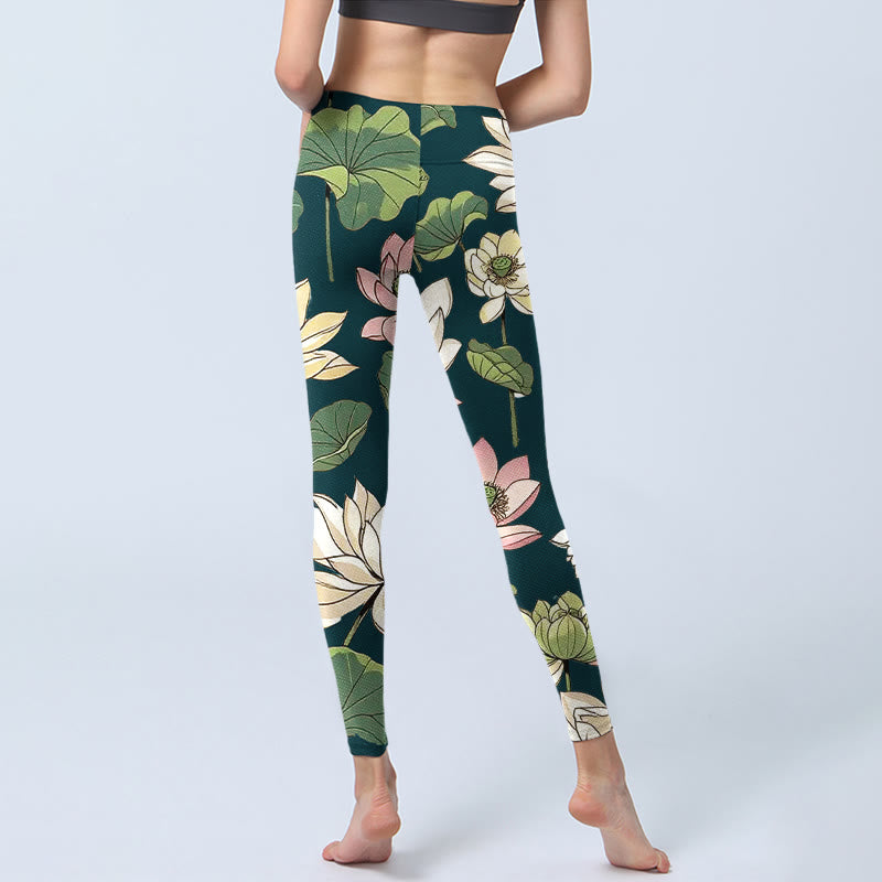 Buddha Stones Beige Pink Lotus Flowers Leaves Print Gym Leggings Women's Yoga Pants - image 6