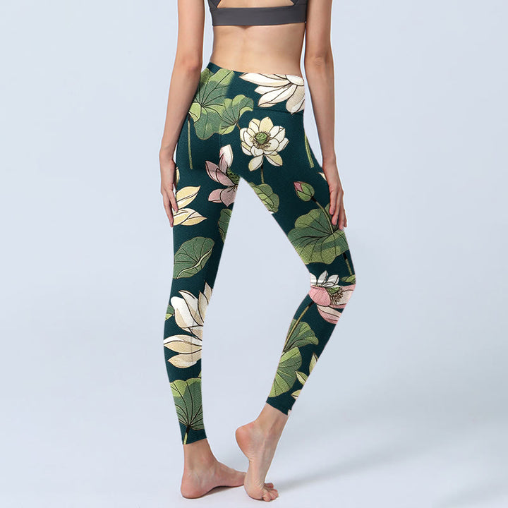 Buddha Stones Beige Pink Lotus Flowers Leaves Print Gym Leggings Women's Yoga Pants - image 4