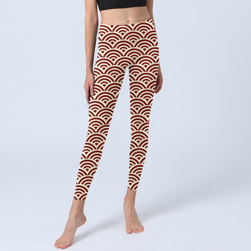 Buddha Stones Red Beige Fan Shapes Print Gym Leggings Women's Yoga Pants - image 5