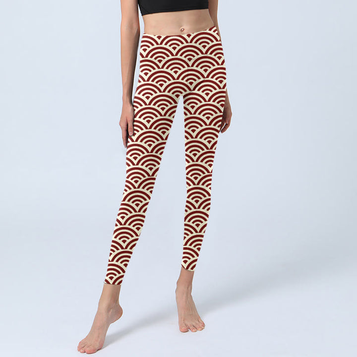 Buddha Stones Red Beige Fan Shapes Print Gym Leggings Women's Yoga Pants - image 5