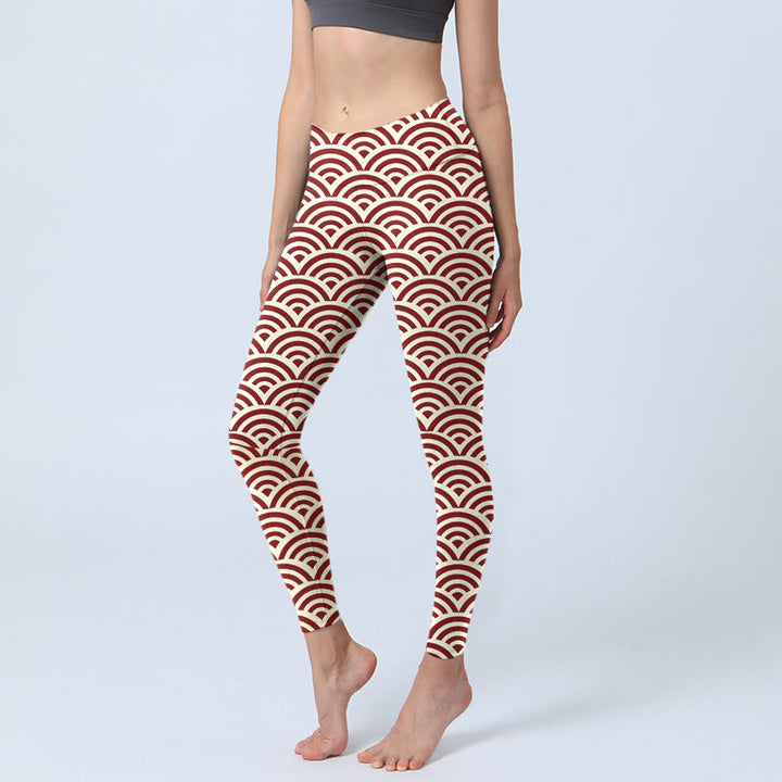 Buddha Stones Red Beige Fan Shapes Print Gym Leggings Women's Yoga Pants - Beige - US18，UK/AU22，EU50 (4XL) - image 0