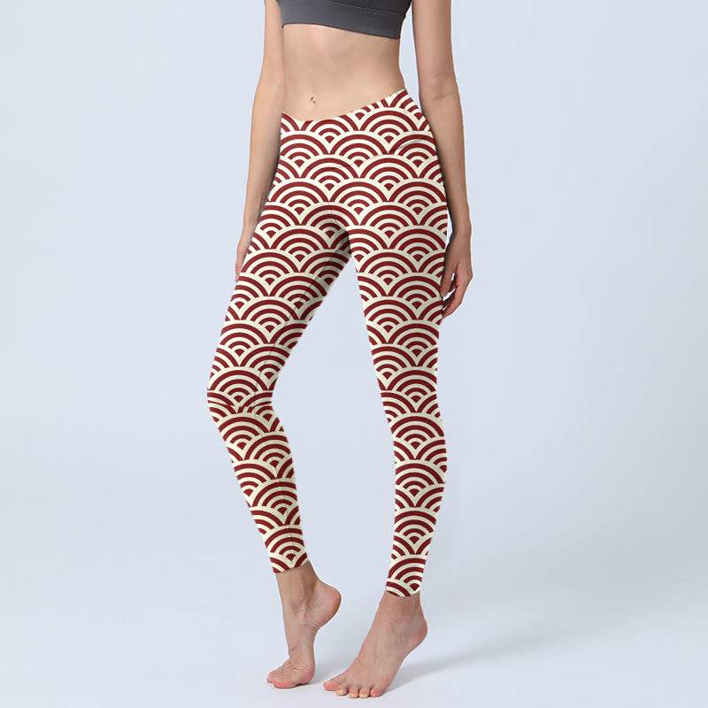 Buddha Stones Red Beige Fan Shapes Print Gym Leggings Women's Yoga Pants - Beige - US18，UK/AU22，EU50 (4XL) - image 0