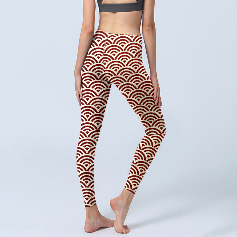 Buddha Stones Red Beige Fan Shapes Print Gym Leggings Women's Yoga Pants - image 4