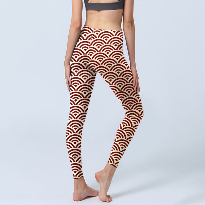 Buddha Stones Red Beige Fan Shapes Print Gym Leggings Women's Yoga Pants - image 4