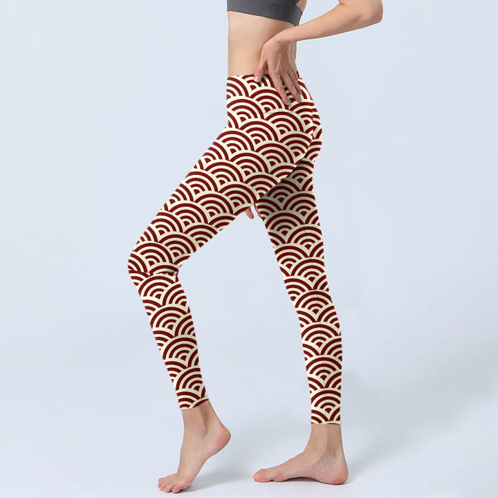 Buddha Stones Red Beige Fan Shapes Print Gym Leggings Women's Yoga Pants - image 2