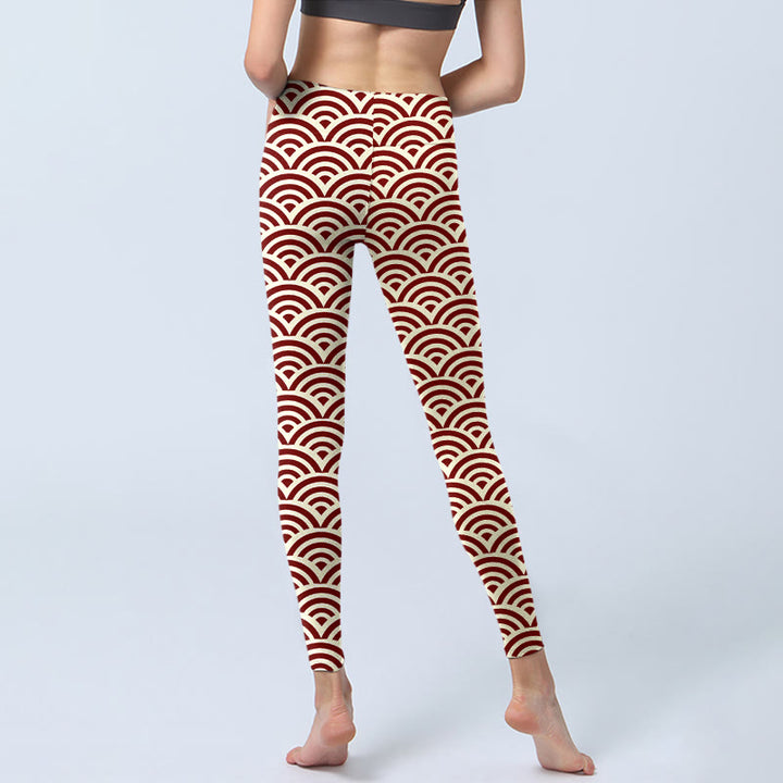 Buddha Stones Red Beige Fan Shapes Print Gym Leggings Women's Yoga Pants - image 6